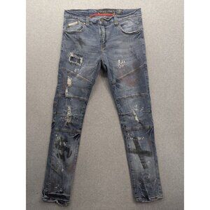 Heritage America Jeans Mens 36x33 Blue Medium Wash Slim Tapered Distressed Denim